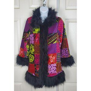 Children's Place Boho Patchwork Jacket w Faux Fur Collar Satinish Lining Buttons